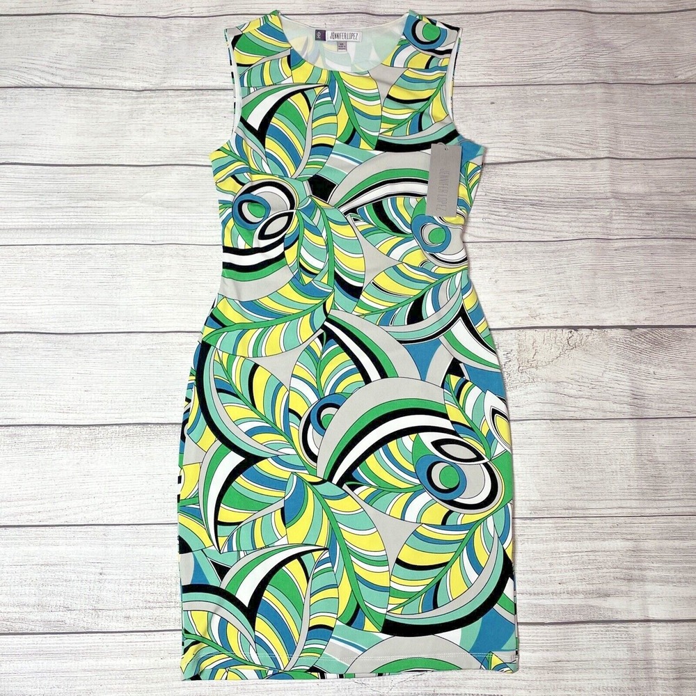 NWT WOMENS SIZE XS BLACK GREEN YELLOW BLUE JENNIFER LOPEZ OPEN BACK DRESS‎